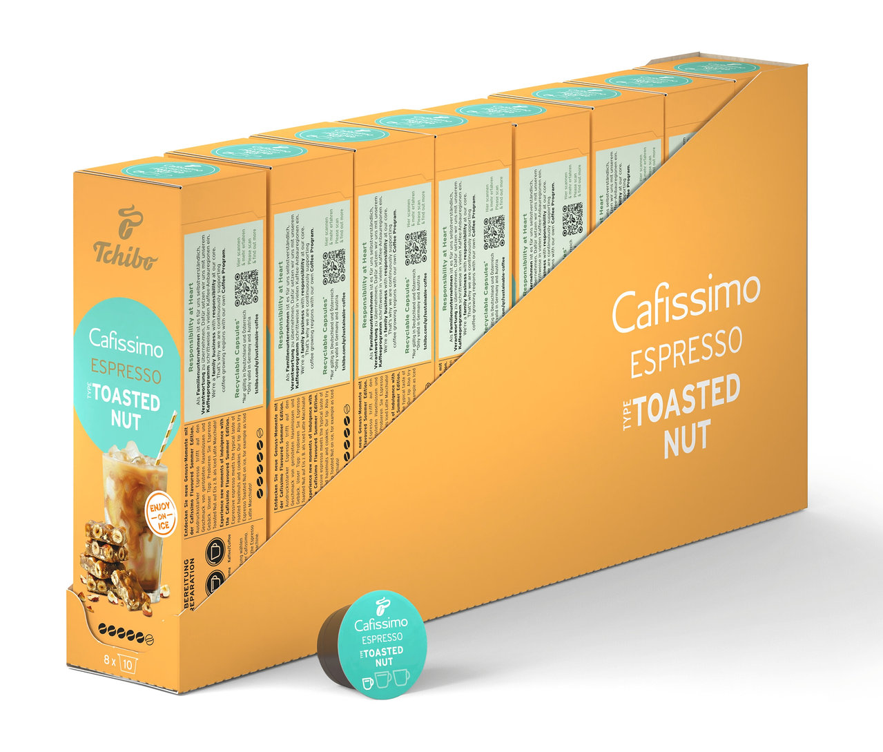 Eine Reihe Cafissimo Flavoured Espresso - Tostaed Nut Kapselpackungen in einer gelben Halterung, plus eine einzelne Kapsel.