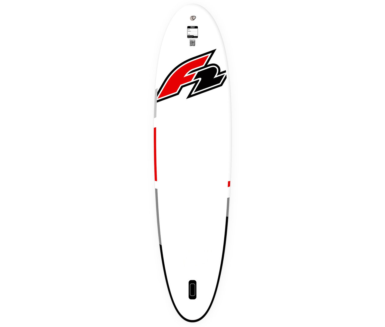 Weißes F2 SUP Board »Sector«, klein, mit rotem und schwarzem Logo. Das Board hat rote und graue Streifen an den Seiten.