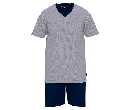 Gestreifter Kurzarm-Pyjama mit V-Ausschnitt und marineblauer kurzer Hose.