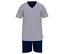 Gestreifter Kurzarm-Pyjama mit V-Ausschnitt und marineblauer kurzer Hose.