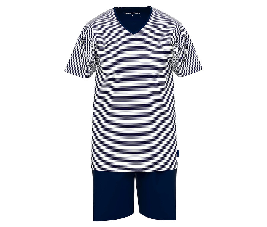Gestreifter Kurzarm-Pyjama mit V-Ausschnitt und marineblauer kurzer Hose.