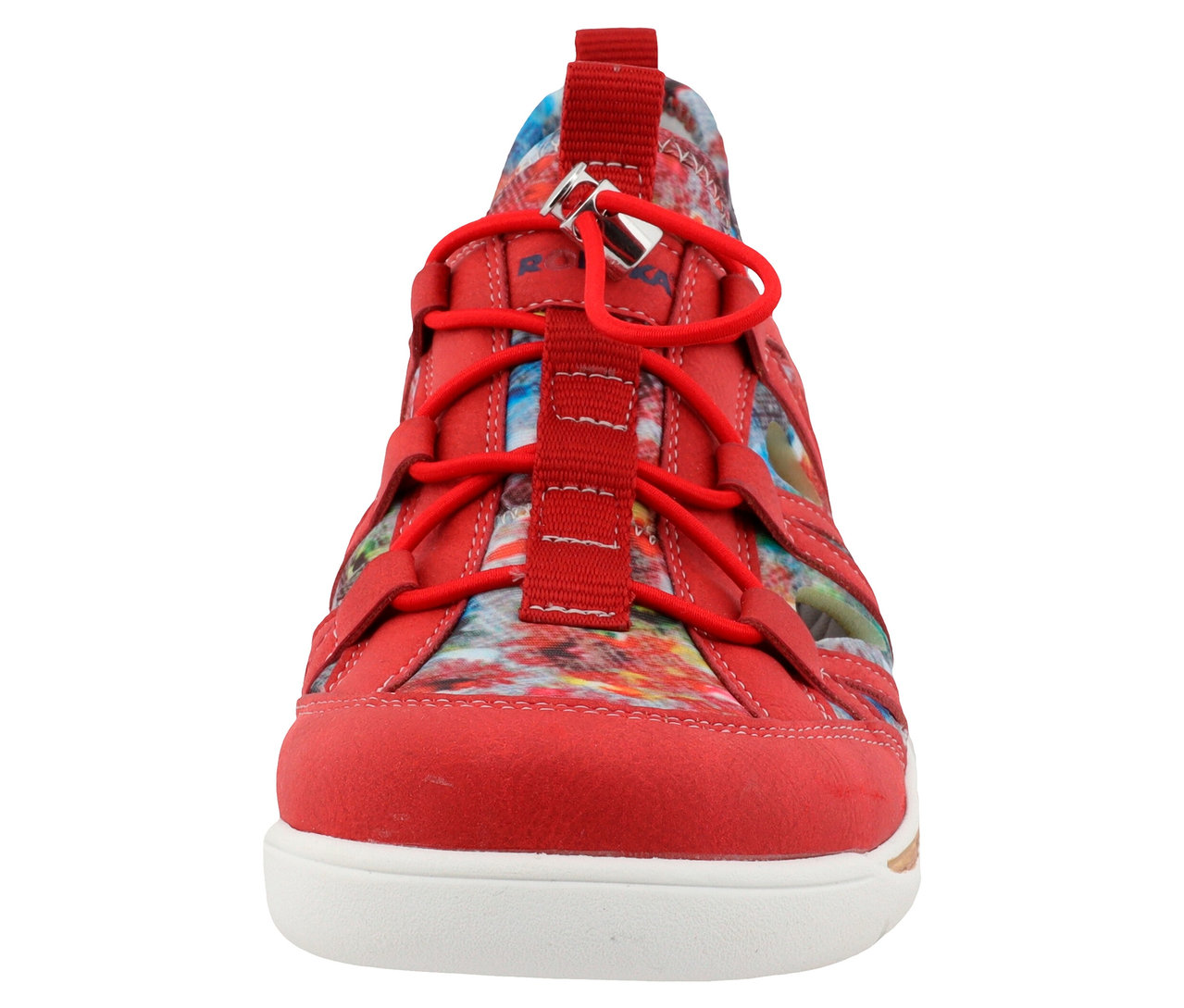 Roter Schnürschuh mit mehrfarbigem Muster.