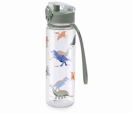 Eine durchsichtige Wasserflasche mit Dinosaurier-Motiven und einem olivgrünen Deckel und Trageband.