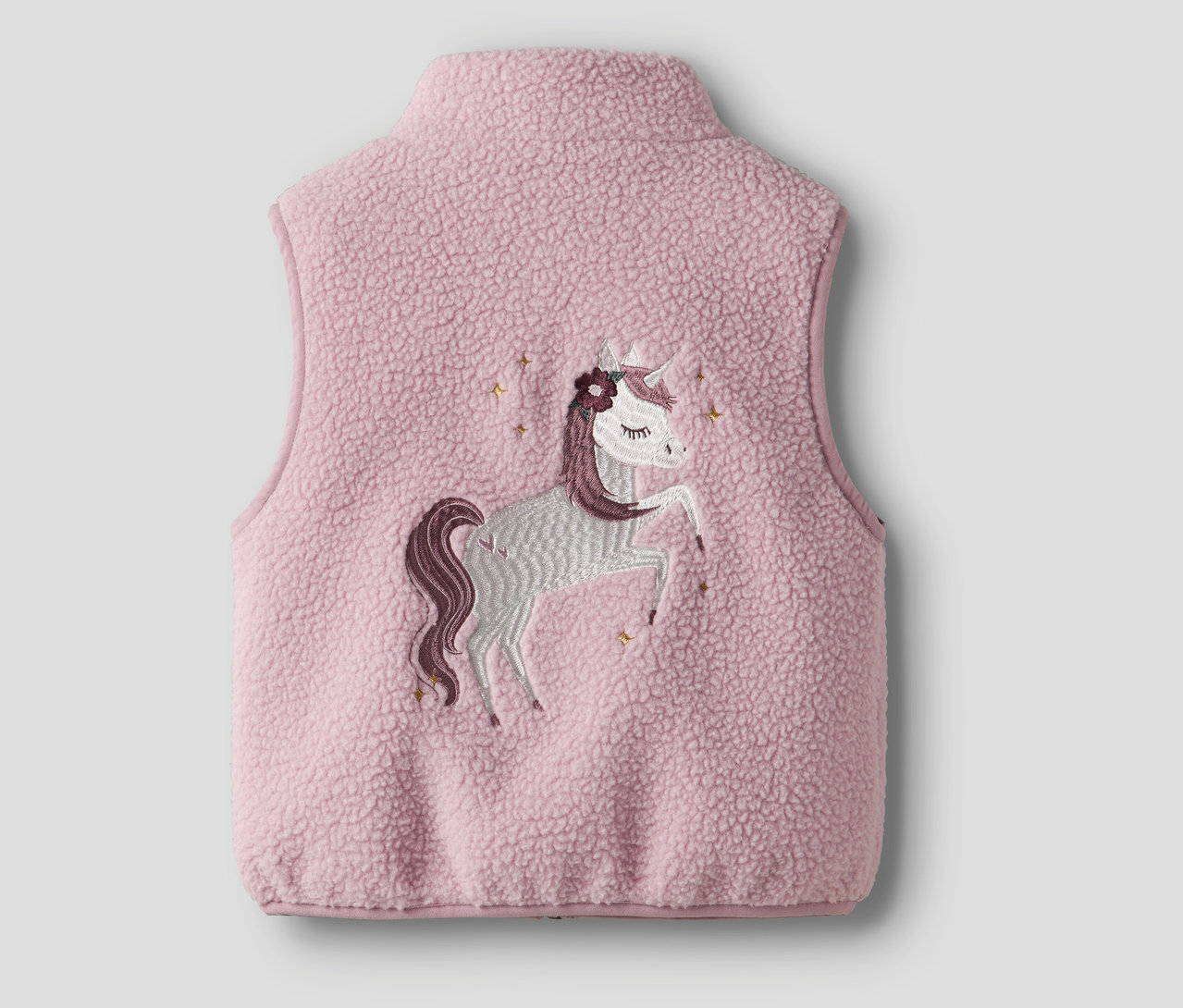 Rosa NAME IT Teddyweste mit Einhorn-Stickerei auf der Rückseite.