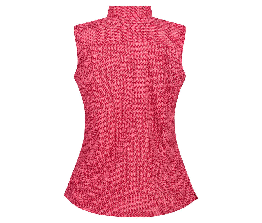 Rückansicht einer ärmellosen, taillierten, pinkfarbenen Bluse mit geometrischem Muster.