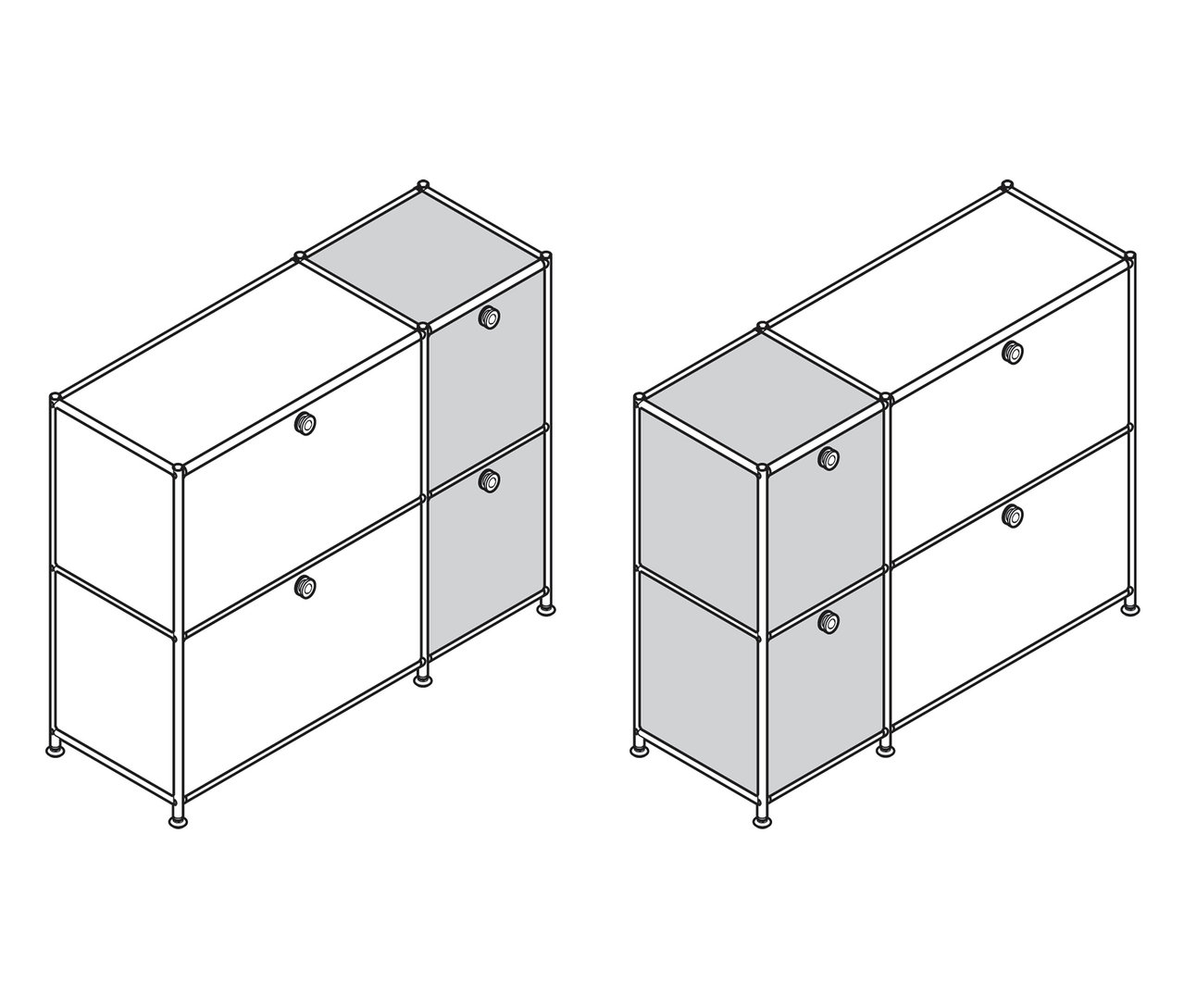 Zwei Sideboards »CN3« mit je vier Klappen sind dargestellt, eines in Grau und Weiß, das andere komplett in Grau.