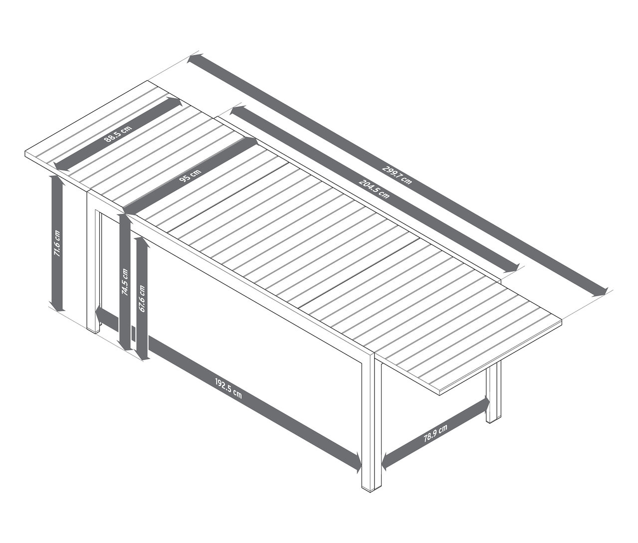 Abbildung eines ausziehbaren Gartentisches aus Aluminium "Liska" mit den Maßen ca. 200-300 cm.