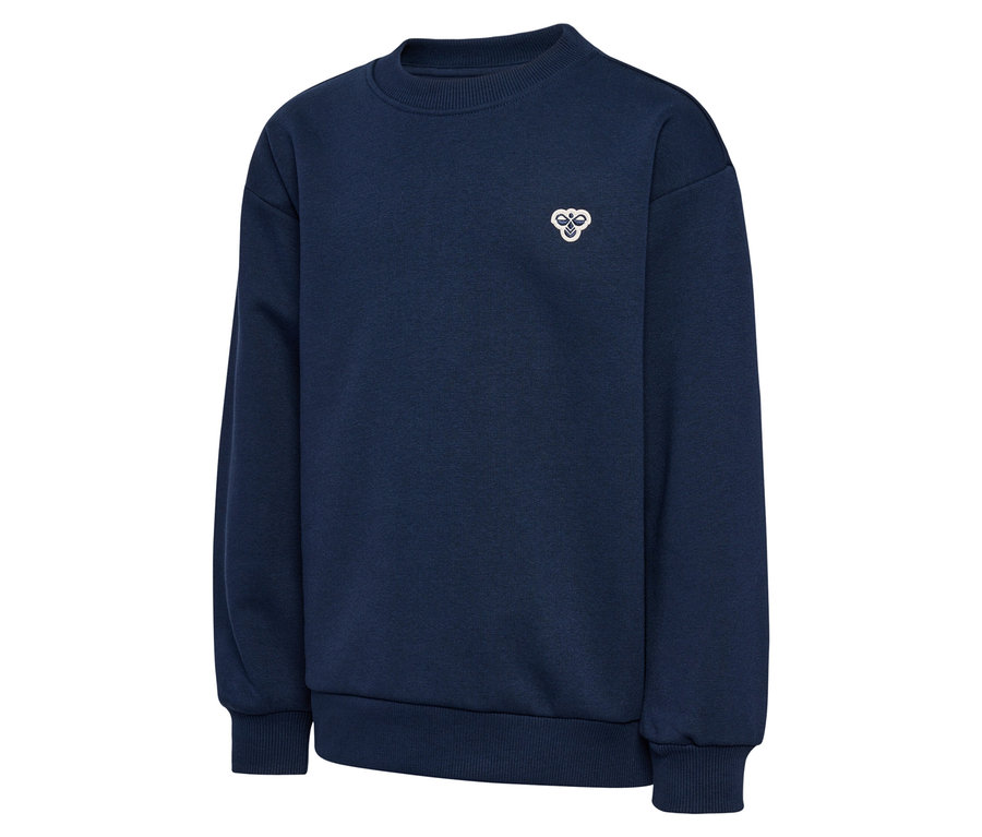 Blauer hummel® Sweater HMLJR Loose Crew Neck Bee mit weißem Logo auf der Brust.