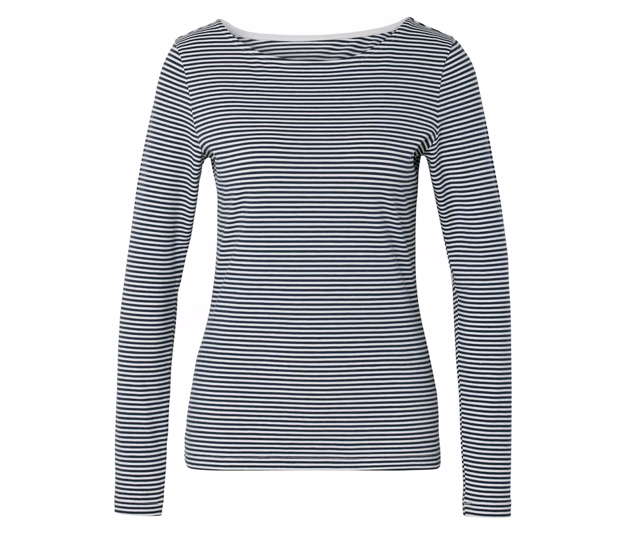Ein Langarmshirt mit horizontalen dunkelblauen und weißen Streifen und einem U-Boot-Ausschnitt.