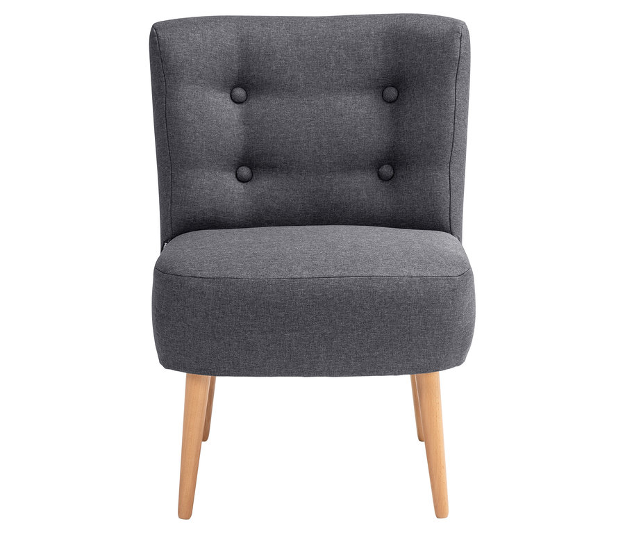 Grauer Sessel mit vier Knöpfen und hellbraunen Holzbeinen.