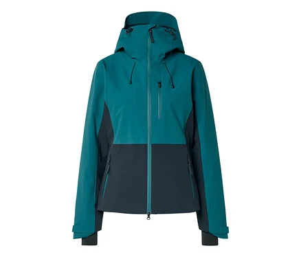Eine zweifarbige Outdoor-Jacke in Petrol und Dunkelgrau mit Kapuze, durchgehendem Reißverschluss und mehreren Reißverschlusstaschen.