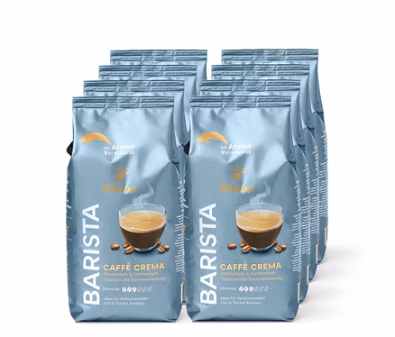 Mehrere Packungen Barista Caffè Crema Kaffee in grauer Verpackung mit Kaffeetassenbild.