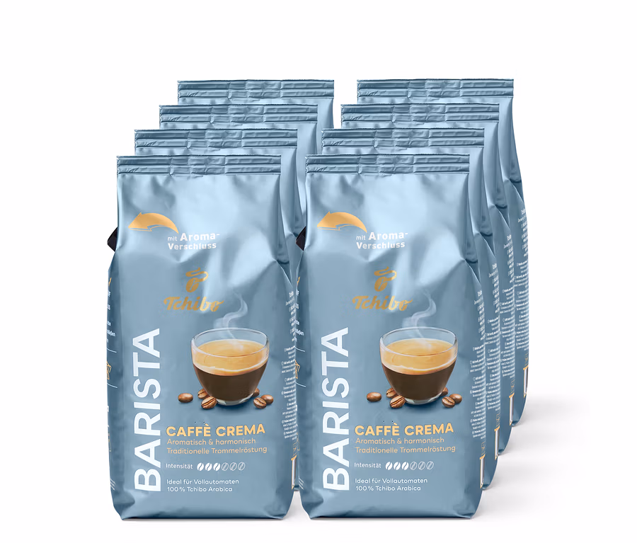 Mehrere Packungen Barista Caffè Crema Kaffee in grauer Verpackung mit Kaffeetassenbild.