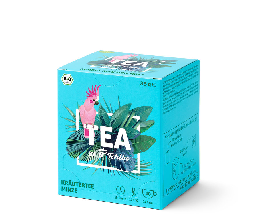 Packung TEA by Tchibo Bio Kräutertee Minze - 8x 20 Teebeutel auf hellem Hintergrund.