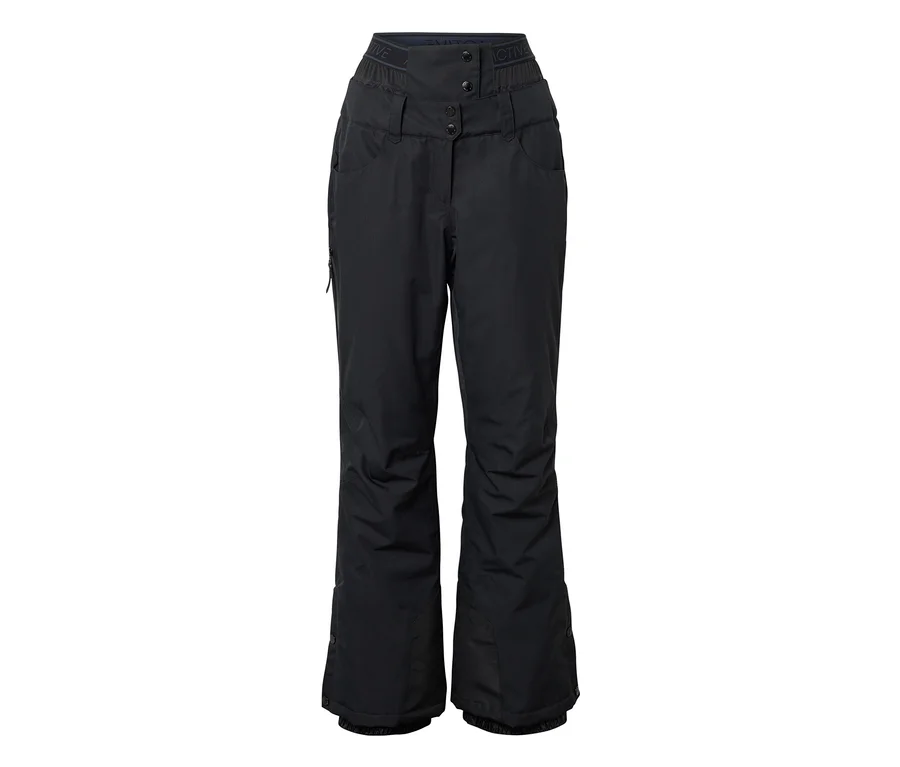 Schwarze Ski- und Snowboardhose mit hohem Bund, Knopfverschluss und Reißverschlusstaschen.