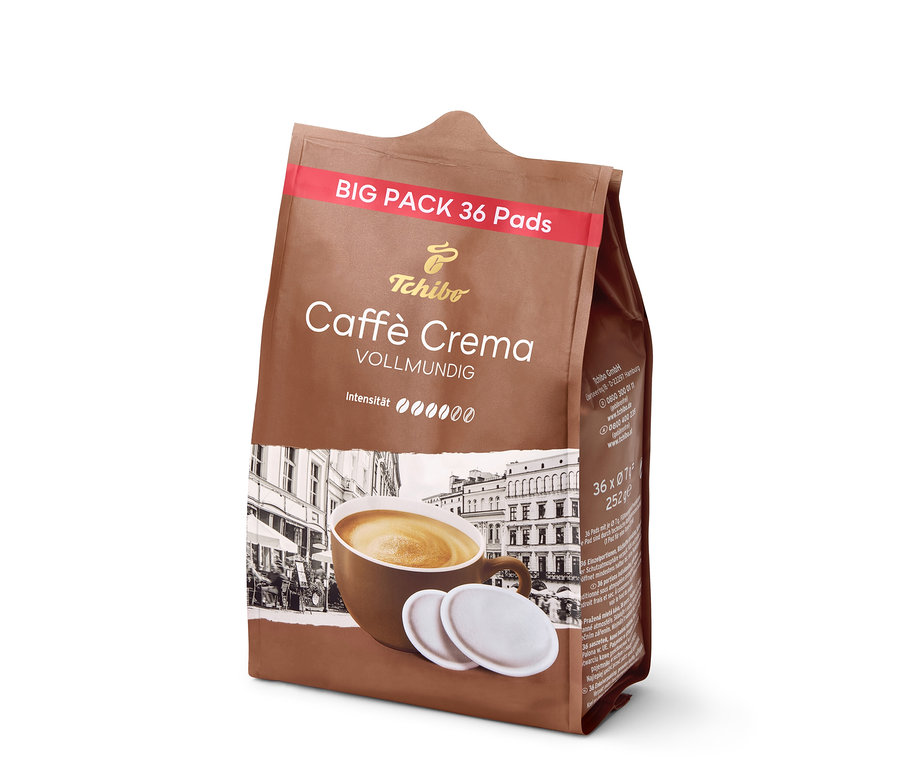 Eine Packung Caffè Crema Vollmundig - 36 Pads von Tchibo. Die Verpackung ist braun und zeigt eine Tasse Kaffee.