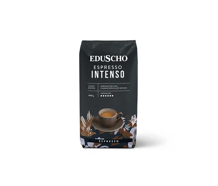 Schwarze Packung EDUSCHO Espresso Intenso mit einer Tasse Espresso auf der Verpackung.