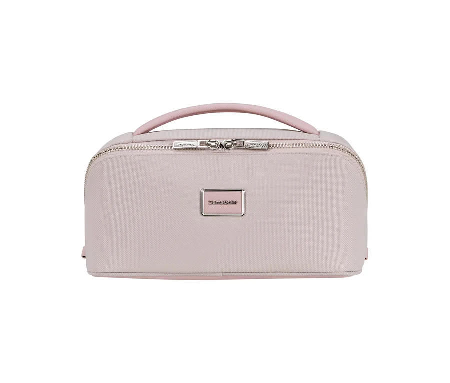 Rosafarbenes Samsonite IMAGE Toilet Kit Beautycase mit rechteckiger Form, abgerundeten Ecken, einem rosafarbenen Griff oben und einem silbernen Reißverschluss.