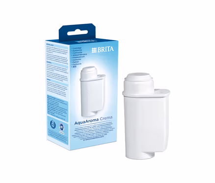 Eine Packung Brita Aqua Aroma Crema mit 6 Filterkartuschen und eine einzelne Filterkartusche.