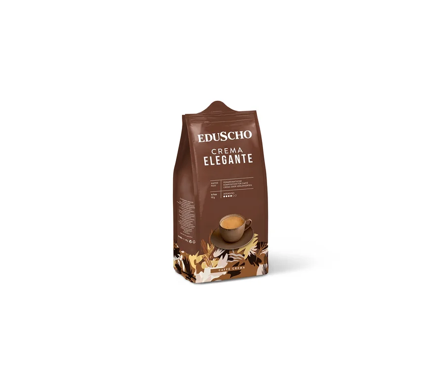 Eine braune Packung Eduscho Crema Elegante Kaffeepads.