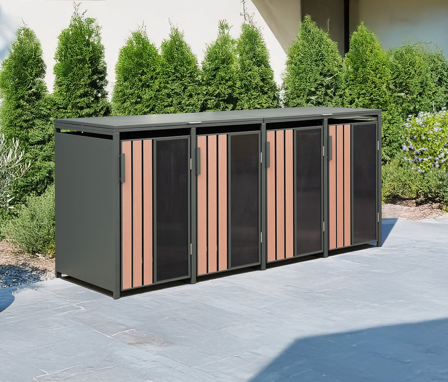 Mülltonnenbox für den Außenbereich mit vier Türen mit Aluminiumrahmen und Holzlamellen.