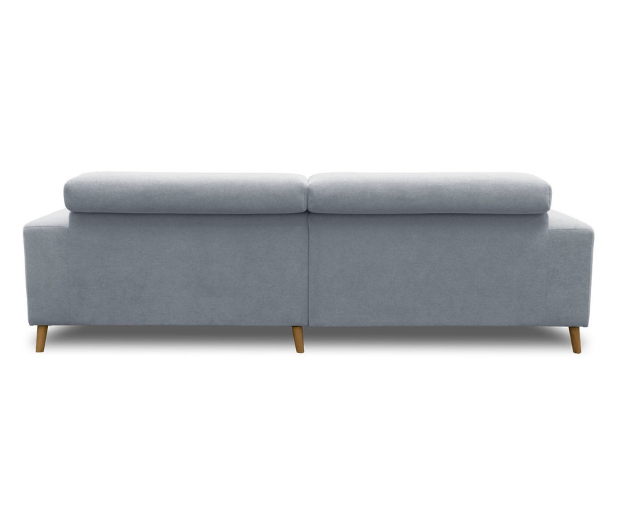 Ein hellgraues Stoffsofa, von hinten gesehen, mit zwei Rückenkissen und vier hellen Holzbeinen.