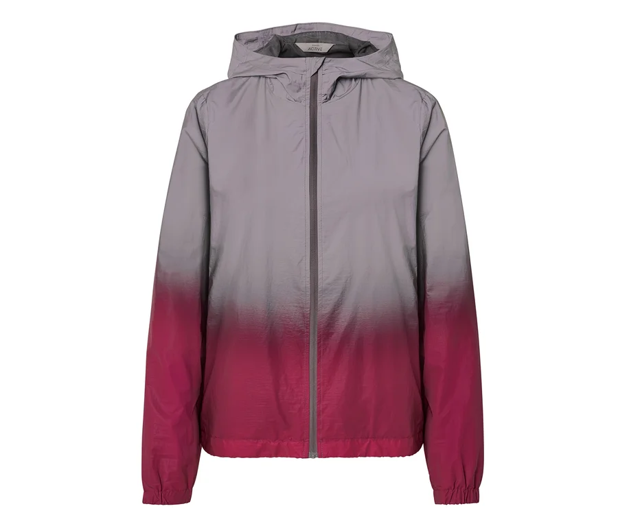 Reflektierende Sportjacke mit grau-pinkem Farbverlauf, Kapuze und Reißverschluss.