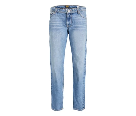 Helle Jack&Jones JJOriginal Chris Jeans mit geradem Bein und sichtbaren Nähten, auf weißem Hintergrund.