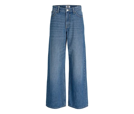 Blaue High-Waist Jeans mit weitem Bein, verwaschener Optik und Jack & Jones Label am Bund.