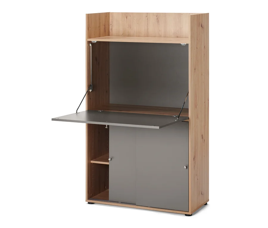 Geöffneter Büroschrank mit Arbeitsfläche.