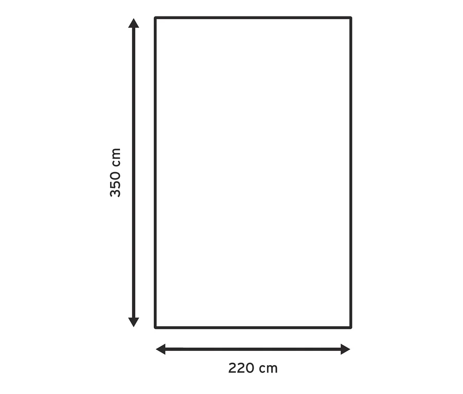 Abbildung eines rechteckigen Outdoor- und Zeltteppichs mit den Maßen 220 x 350 cm.