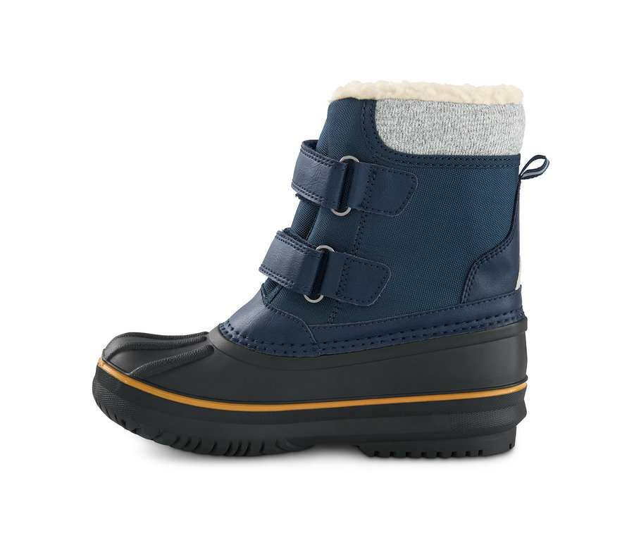 Blauer Allwetterstiefel mit zwei Klettverschlüssen.