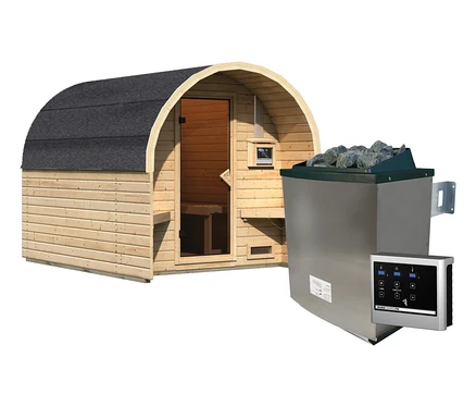 Karibu Fasshaus »Orkla«, naturfarben, inkl. 9 kW-Ofen mit externer Steuerung.