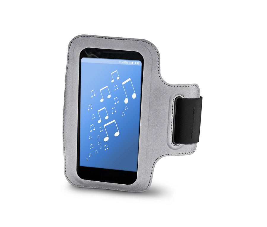 Graues Smartphone-Sportarmband mit schwarzem Band.