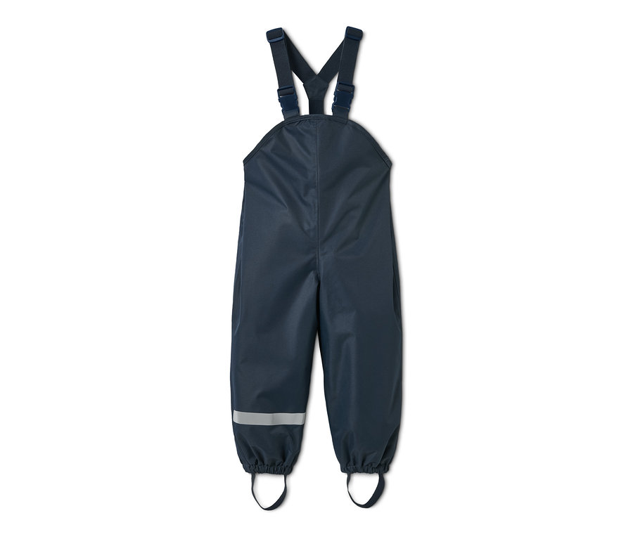 Dunkelblaue Regenhose aus recyceltem Material mit Taftfutter und Latz.