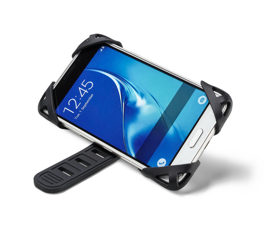 Weißes Smartphone ist an einer schwarzen Fahrrad-Smartphone-Halterung befestigt.