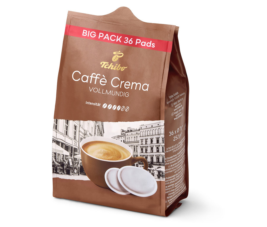 Eine Packung Caffè Crema Vollmundig - 36 Pads von Tchibo. Die Verpackung ist braun und zeigt eine Tasse Kaffee.