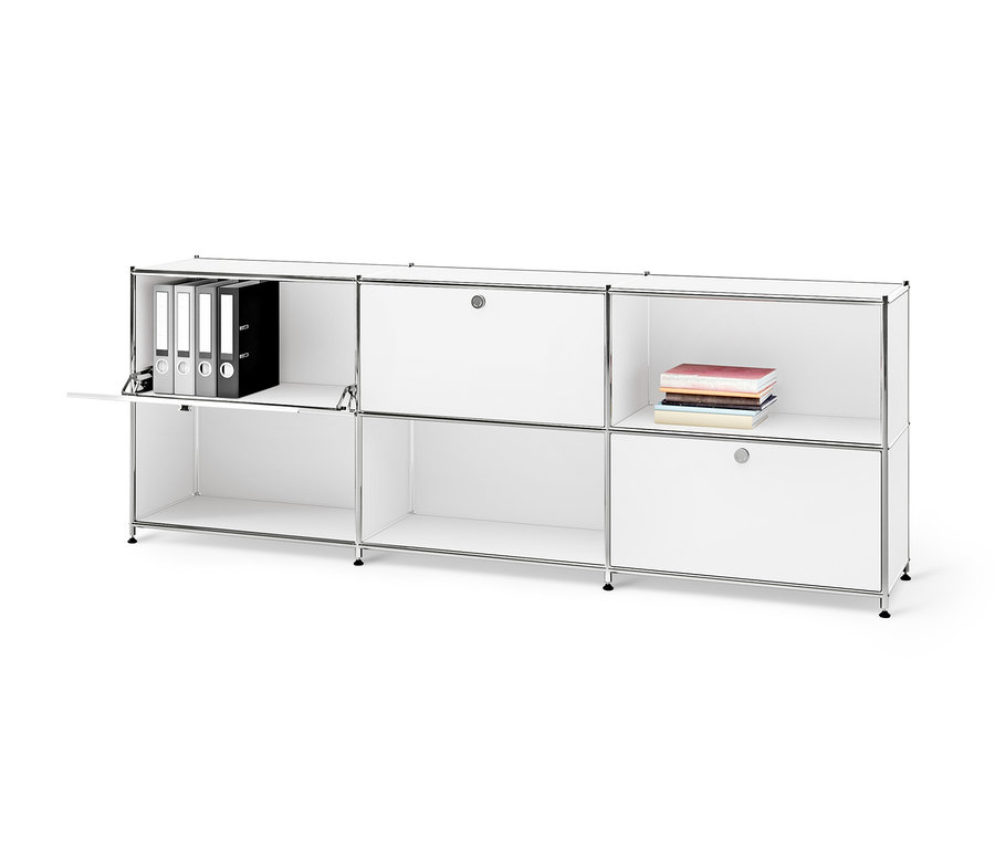 Weißes Sideboard Metall »CN3« mit 3 versetzbaren Klappenfächern, mit offenem Fach mit Ordnern und Büchern.