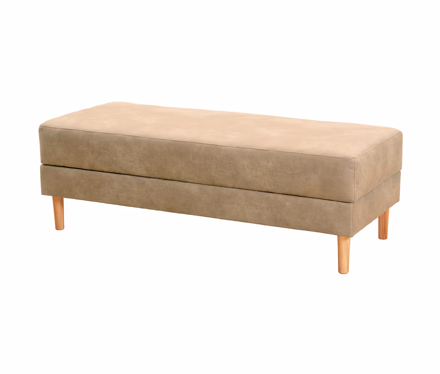 Längliche, beige Bank mit Holzfüßen.