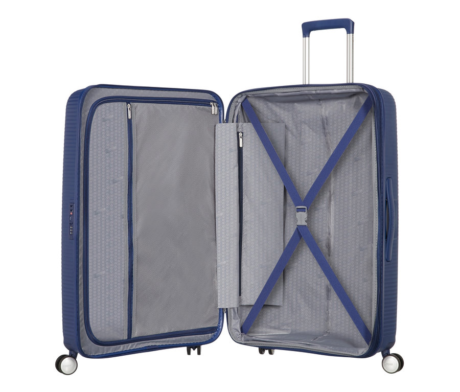 Geöffneter American Tourister Hartschalen-Koffer »Soundbox« Spinner in Blau.