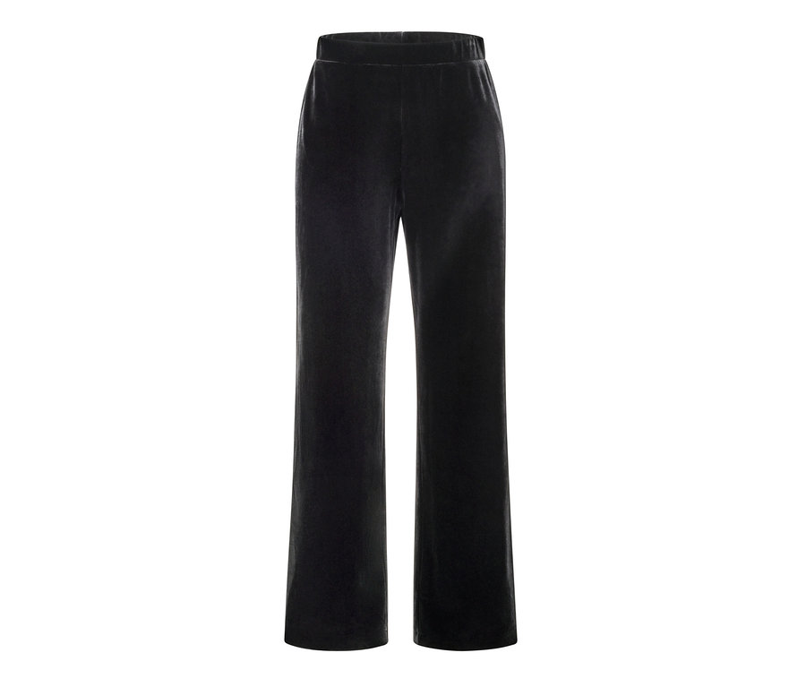 Eine schwarze Samt-Palazzohose auf einem weißen Hintergrund.