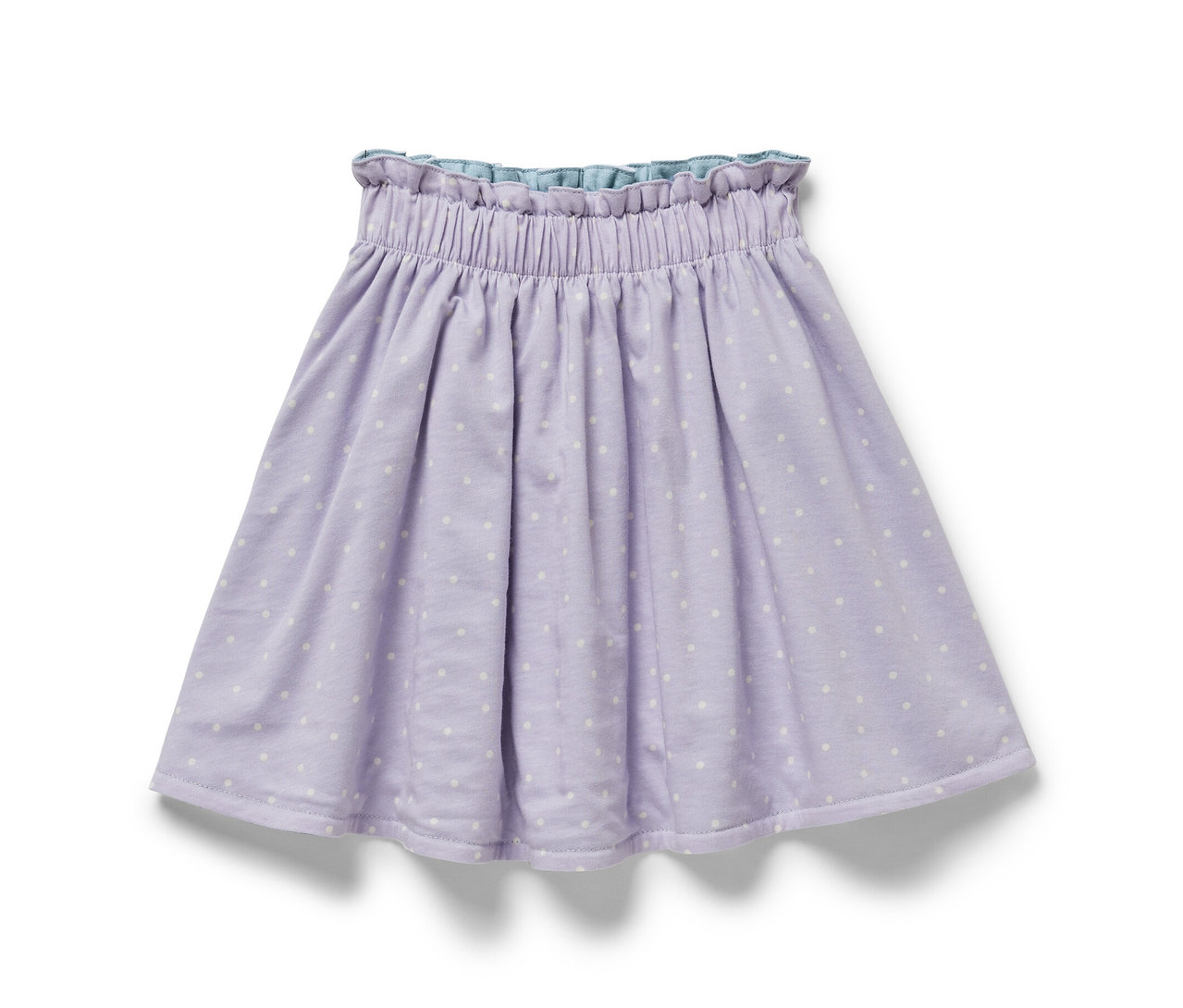 Ein lila Kinder-Denim-Wenderock mit weißen Punkten.