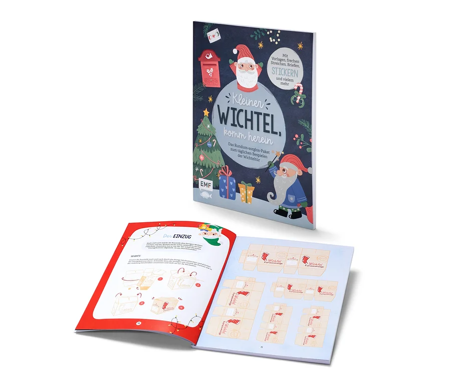 Abbildung des Buchs »Kleiner Wichtel, komm herein« mit Illustrationen und Text.