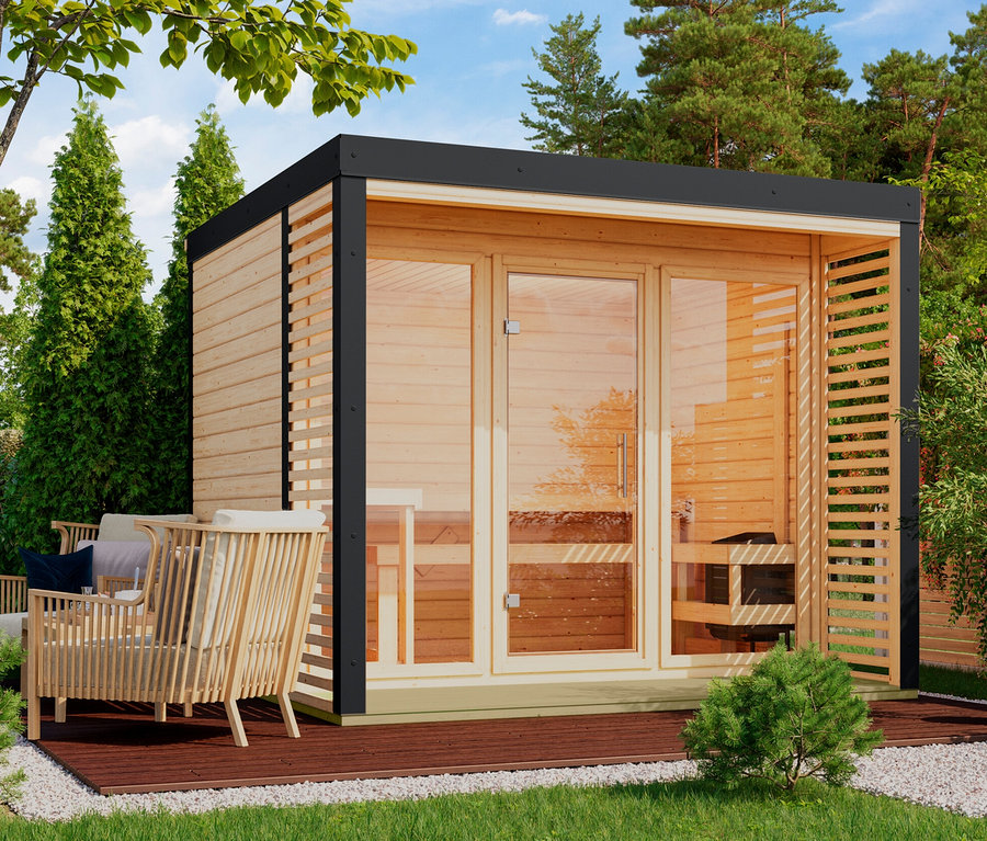 Außenansicht des Karibu Hybrid-Saunahauses »Alice 3« mit Sitzbereich aus Holz.