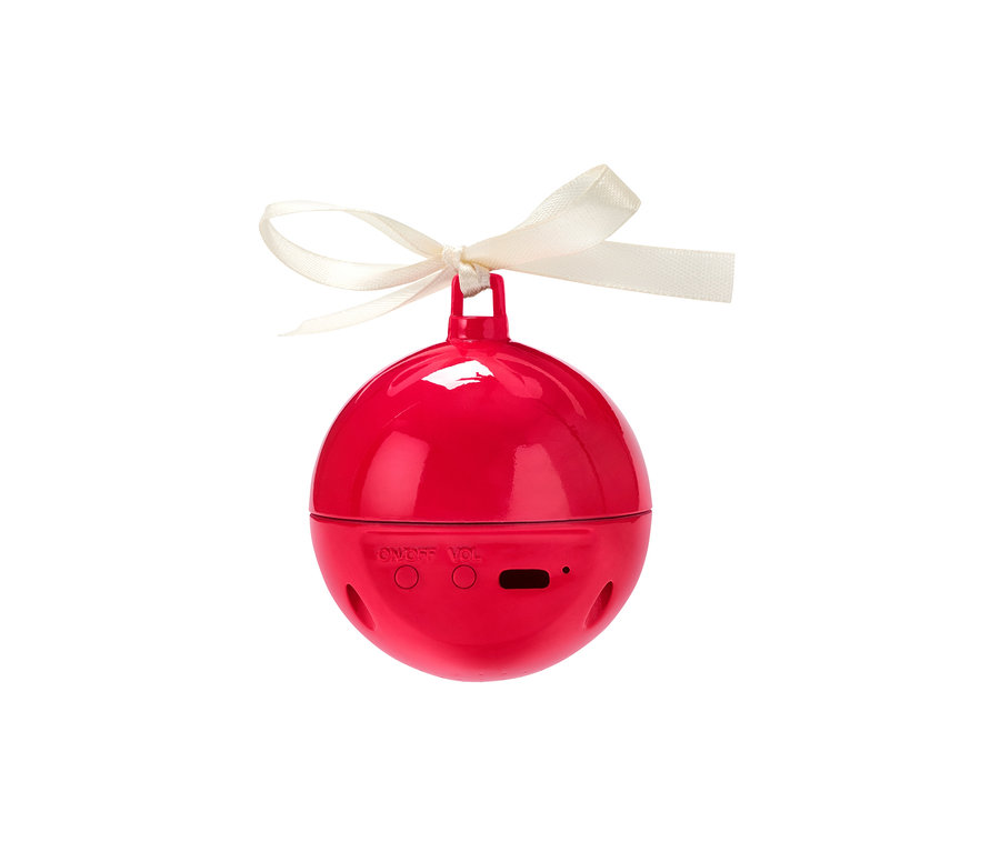 Eine rote, singende Weihnachtskugel mit einer weißen Schleife.