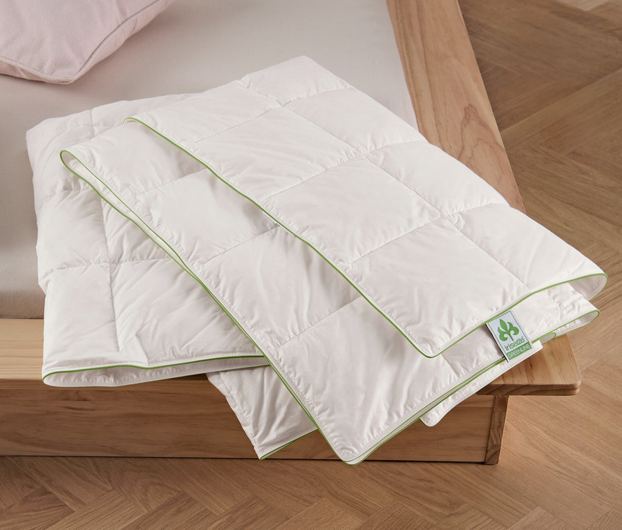 Zwei Kissen und ein gefaltetes irisette® greenline Sommer-Daunenbett in Normalgröße auf einem Bett.