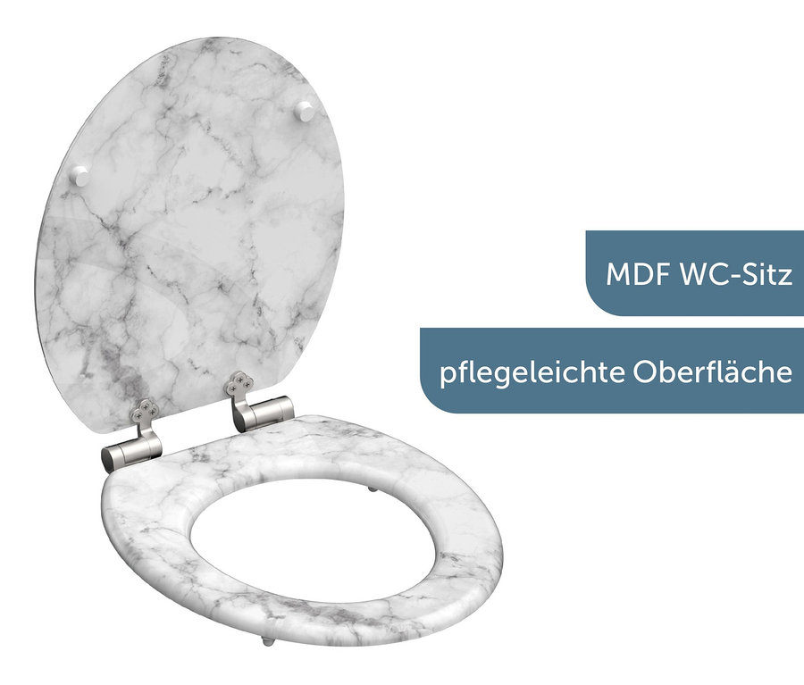 Geöffneter SCHÜTTE MDF-WC-Sitz »MARMOR STONE« mit Marmormuster.