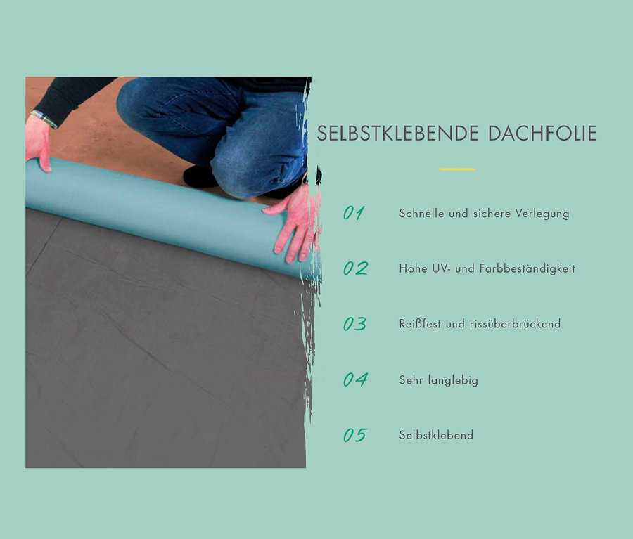 Mann rollt eine Rolle selbstklebende Dachfolie auf einem grauen Boden aus.