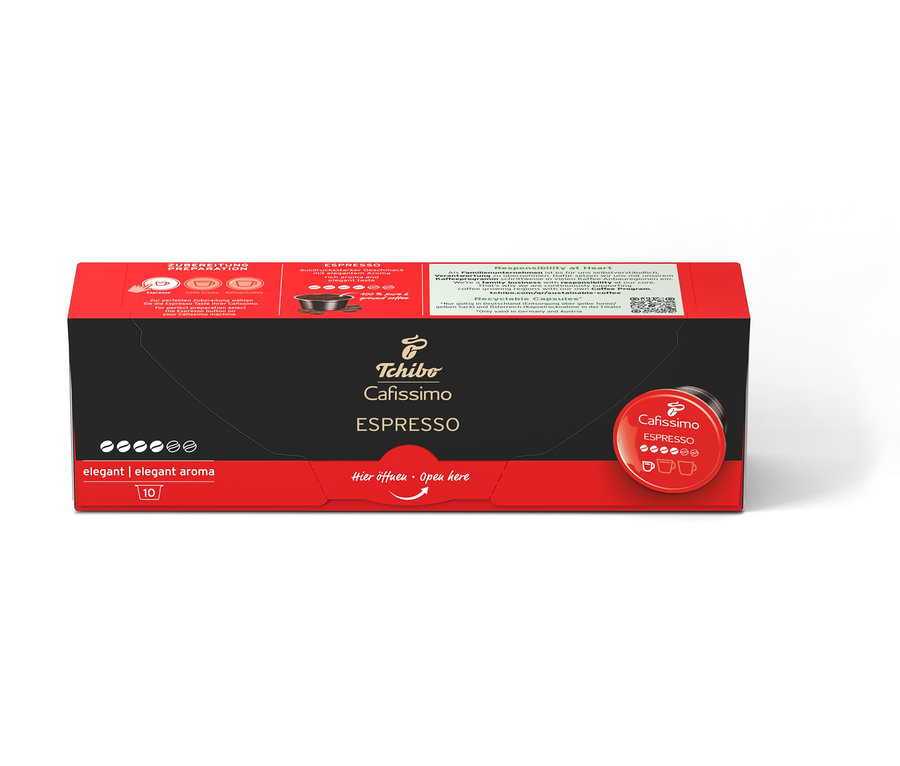 Eine Packung Cafissimo Espresso elegant - 10 Kapseln und eine Packung Cafissimo Espresso elegant - 80 Kapseln.