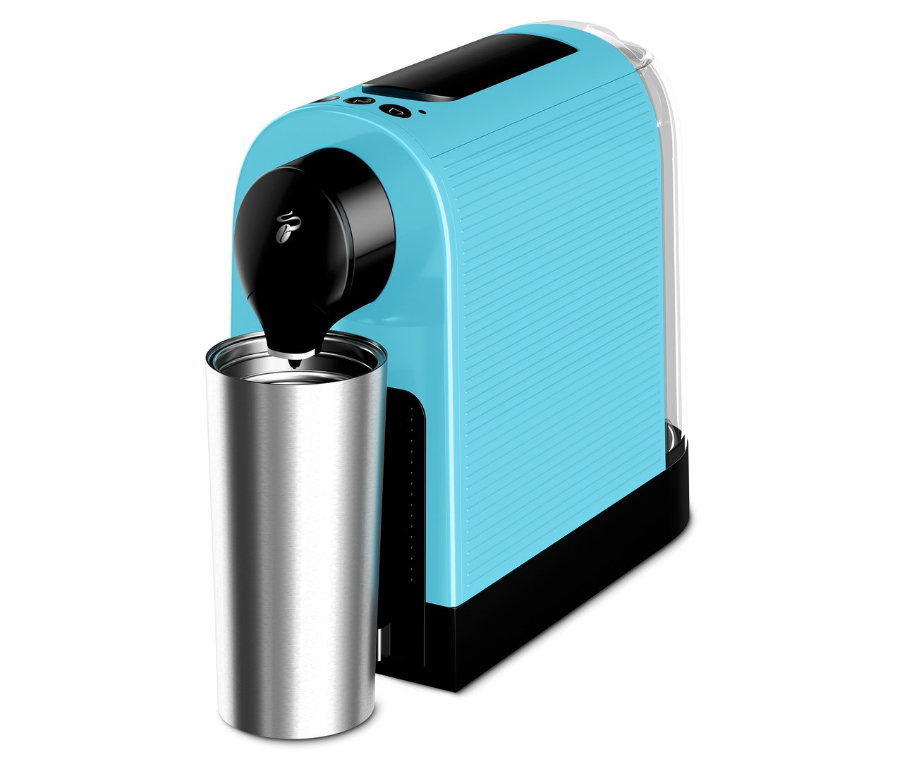 Türkisblaue Kaffeemaschine mit einem silbernen Thermobecher darunter.